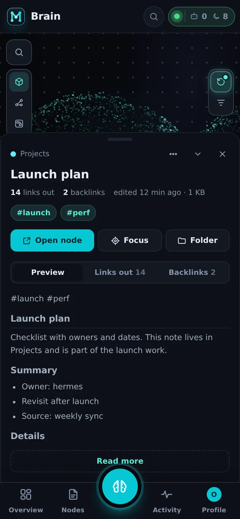 Node card sheet on a phone