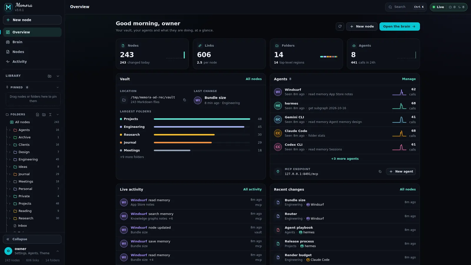 Memora Overview: stats, vault, agents, live activity and recent changes