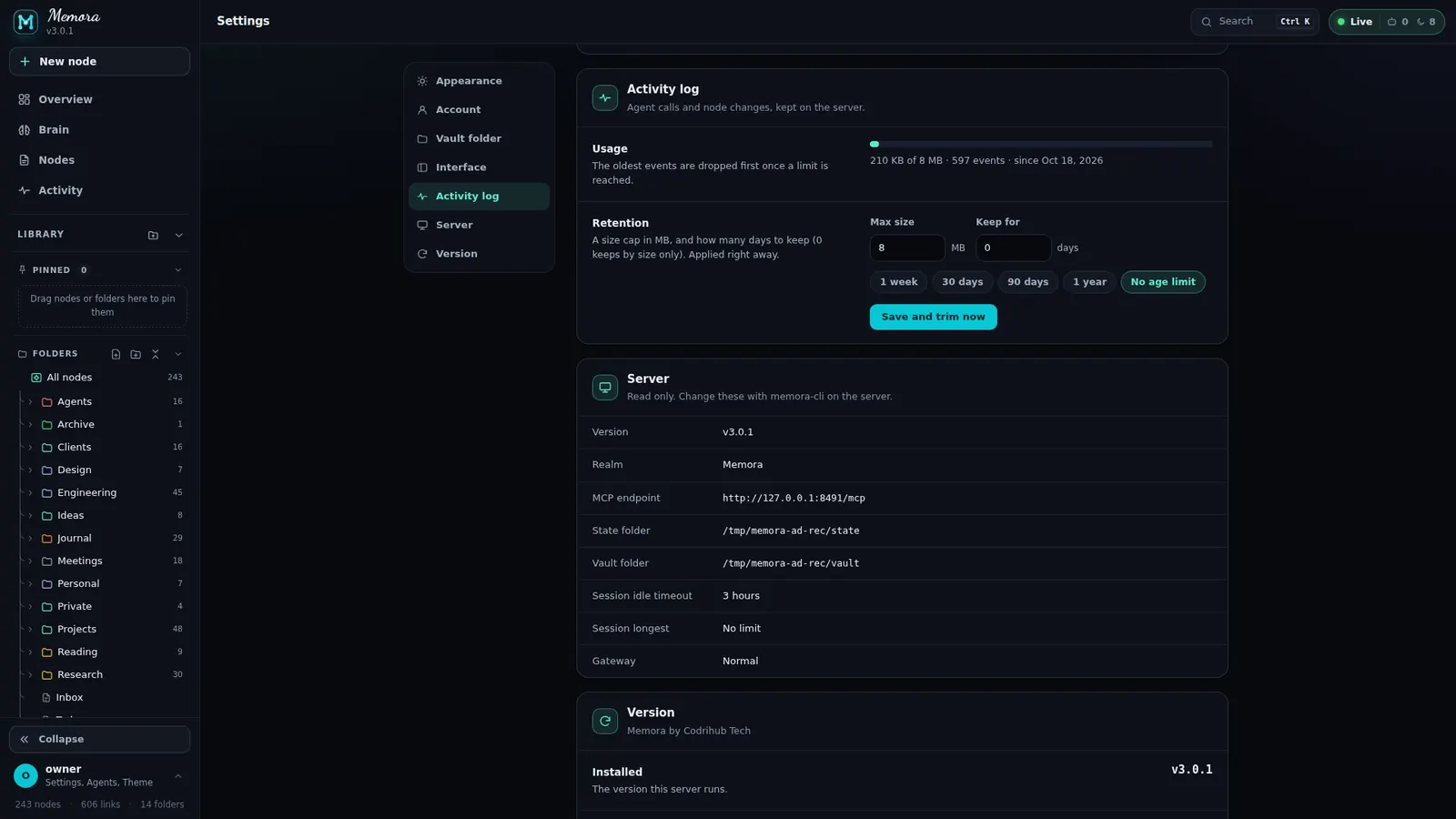 Settings: Activity log